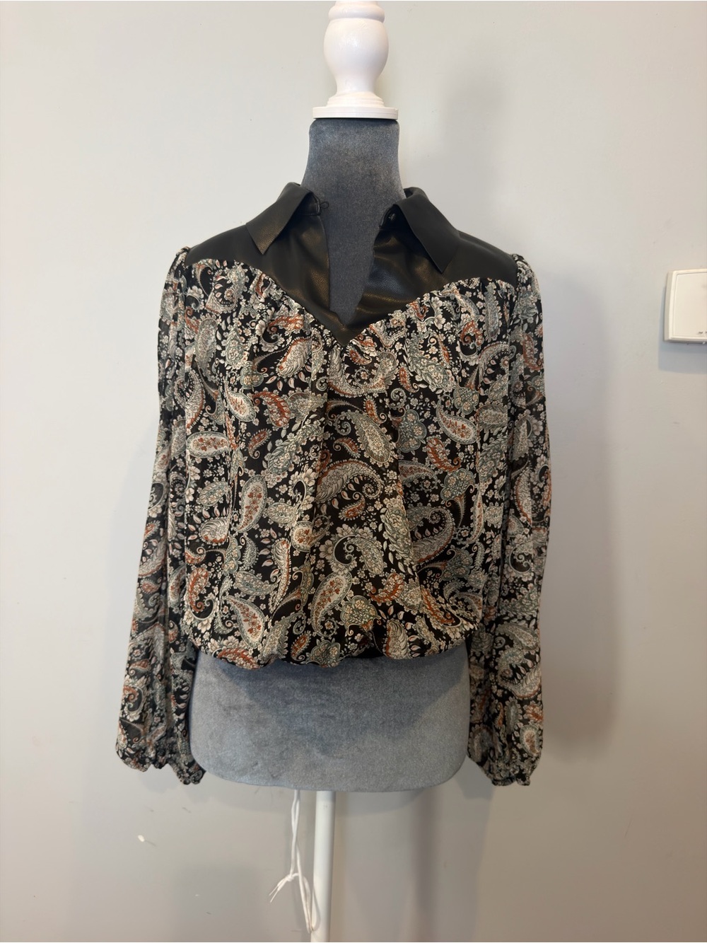 INC International Concepts Black Paisley Blouse with Faux Leather Yoke